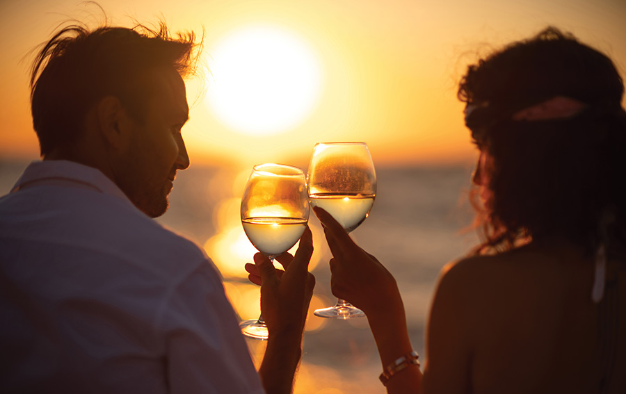 A couple raising a toast to the sunset over the sea