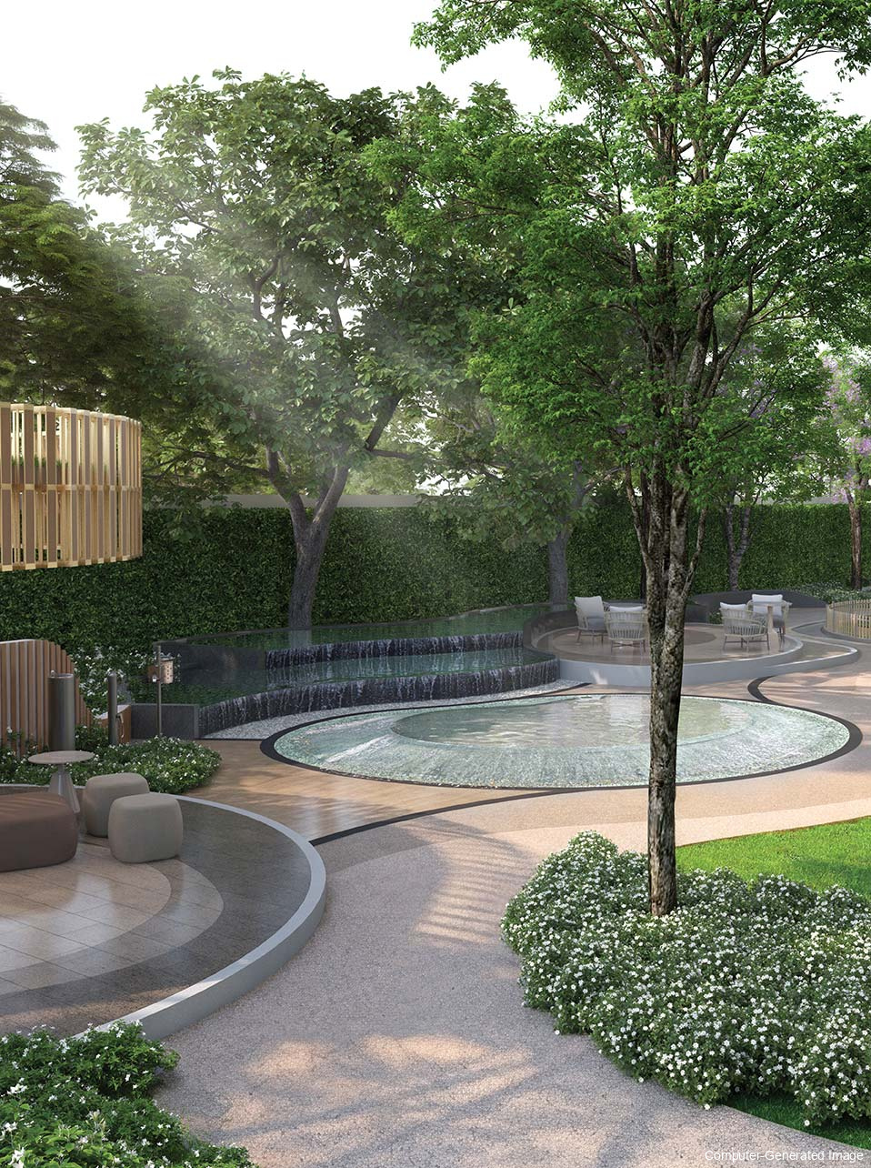 Aerial view of the landscaped gardens and their winding water feature