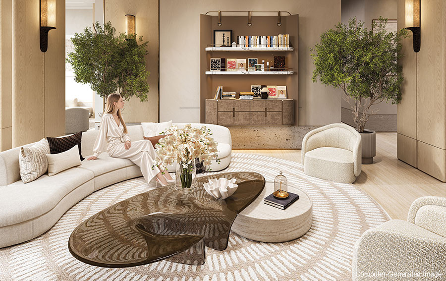 An open-plan living and dining room looking out to the sea