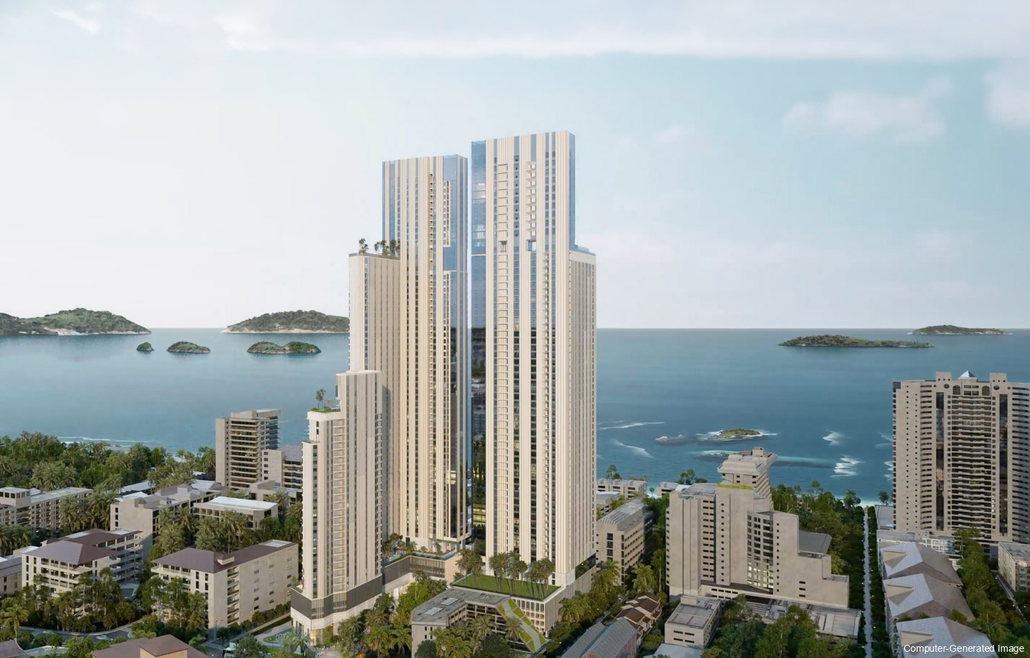 Aerial render of the Lucean Bay towers above Jomtien beach